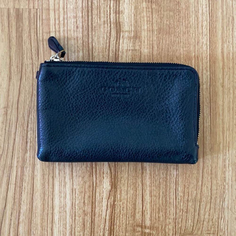 Black leather Coach double zip wallet